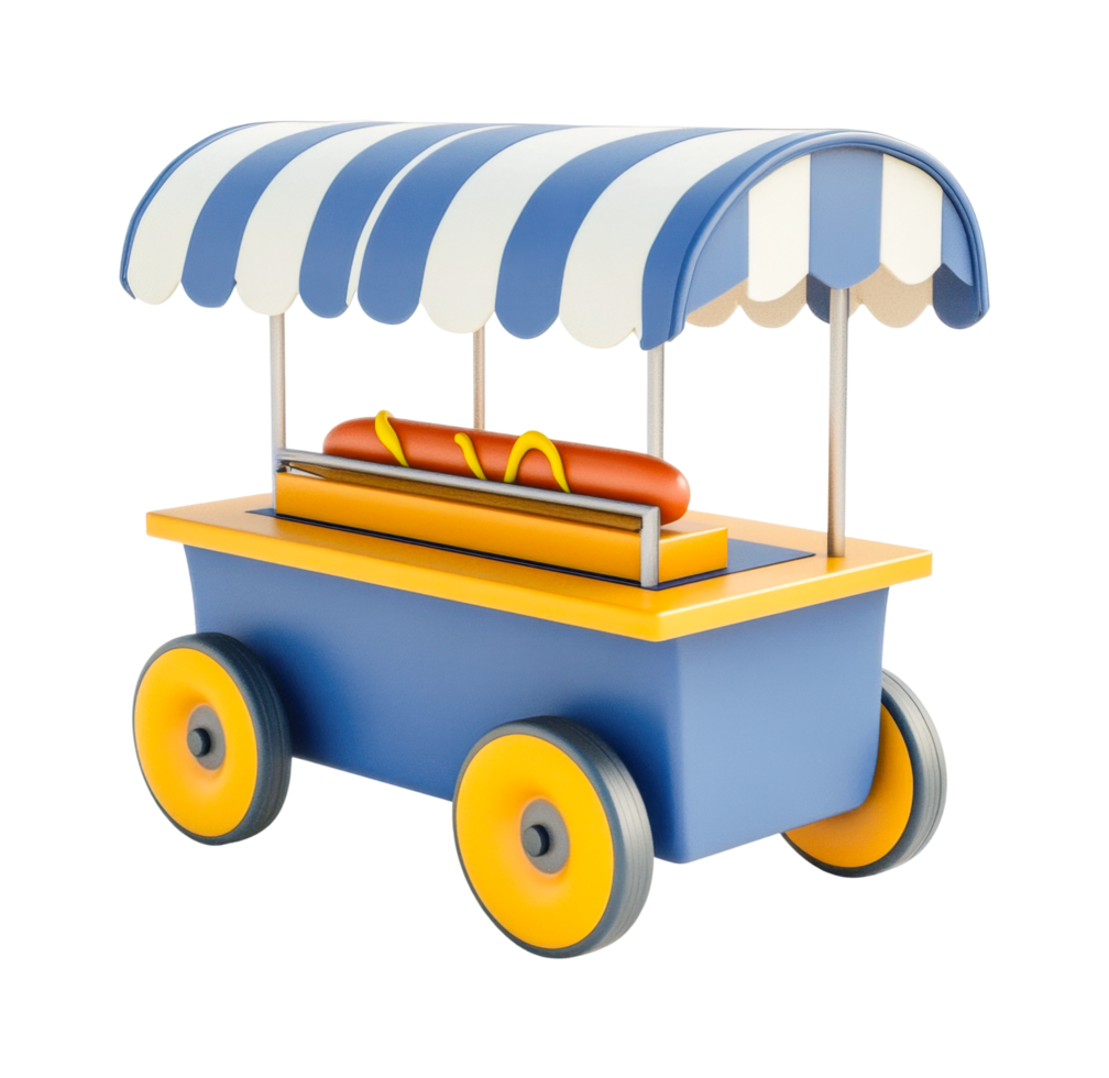Classic hot dog cart with striped awning and wheels png