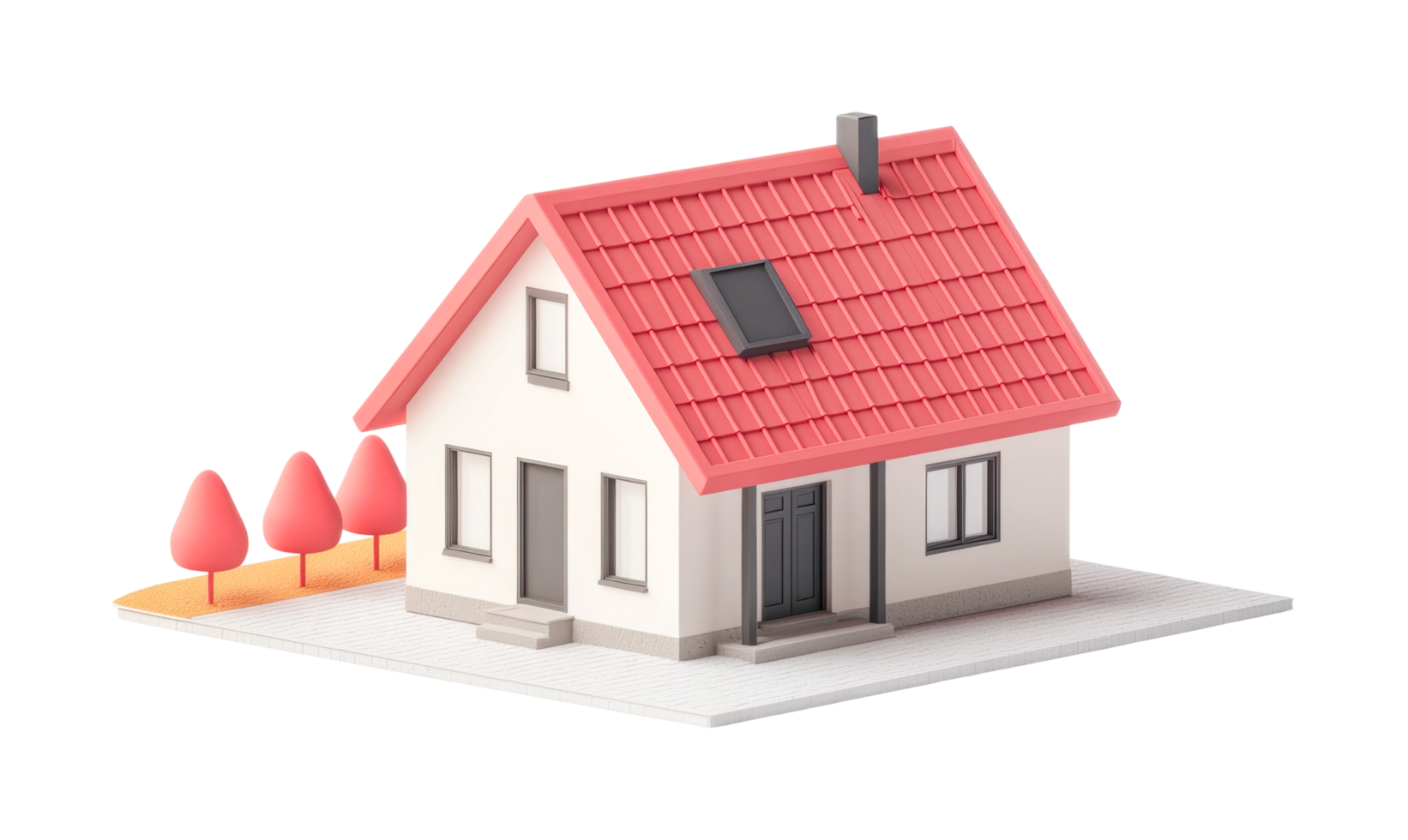 Charming red-roofed house with trees and pathway png