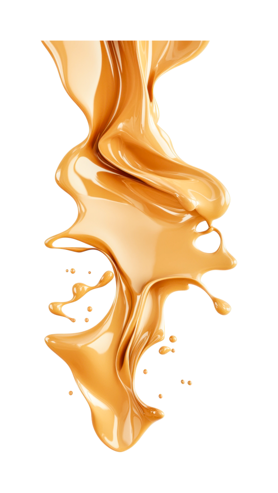 Flowing caramel splash with dynamic swirls and drops png