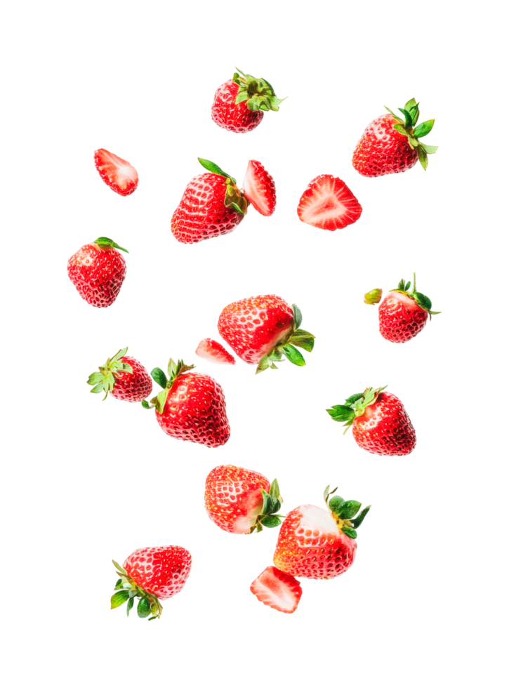 Fresh red strawberries falling isolated on black png