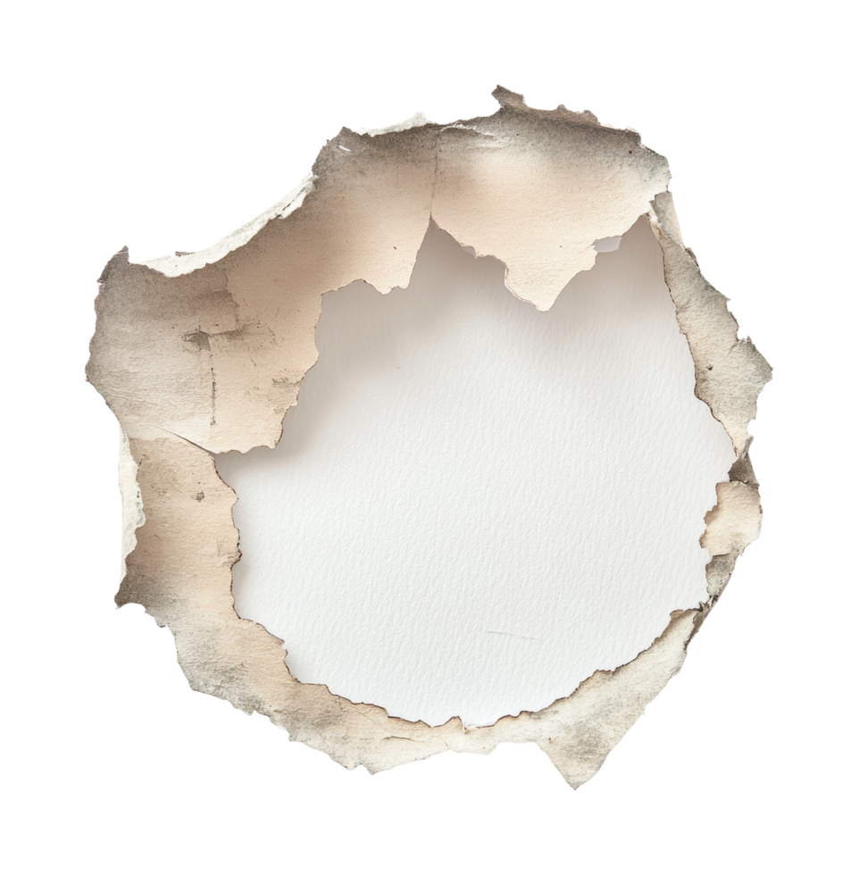 Torn paper with scorched edges creating an irregular hole png
