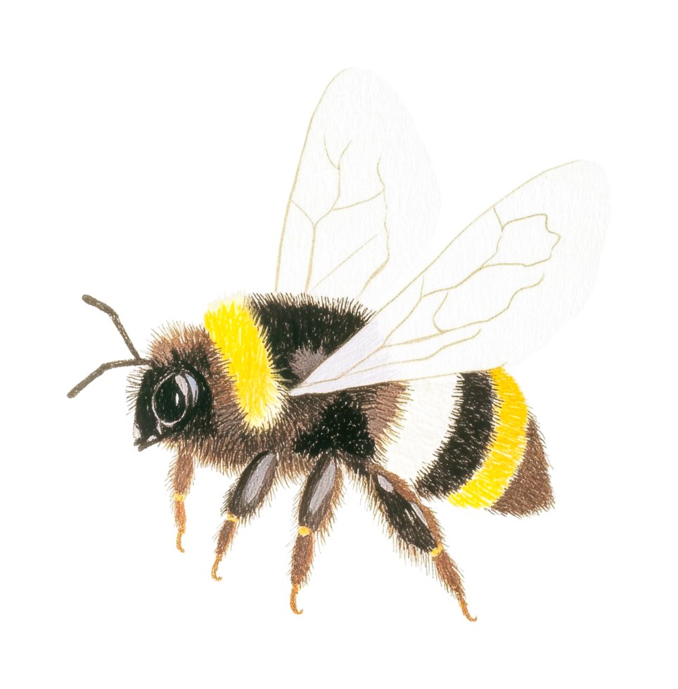 Detailed illustration of a flying bumblebee with translucent wings png