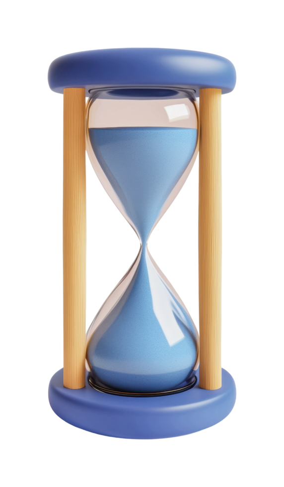 Blue hourglass timer with wooden frame showing time passage png