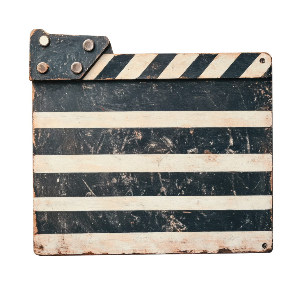 Vintage film clapboard with weathered texture on classic movie set png