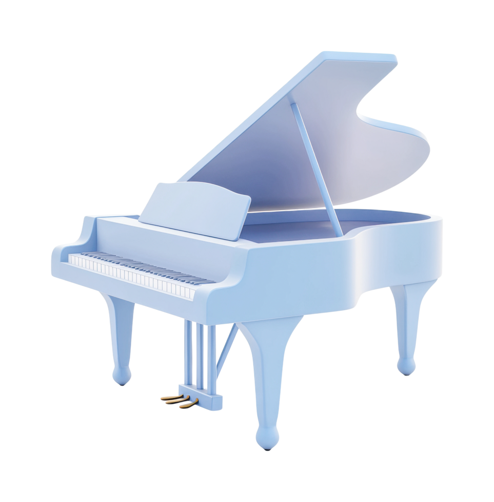 Elegant blue grand piano with open lid and stool png