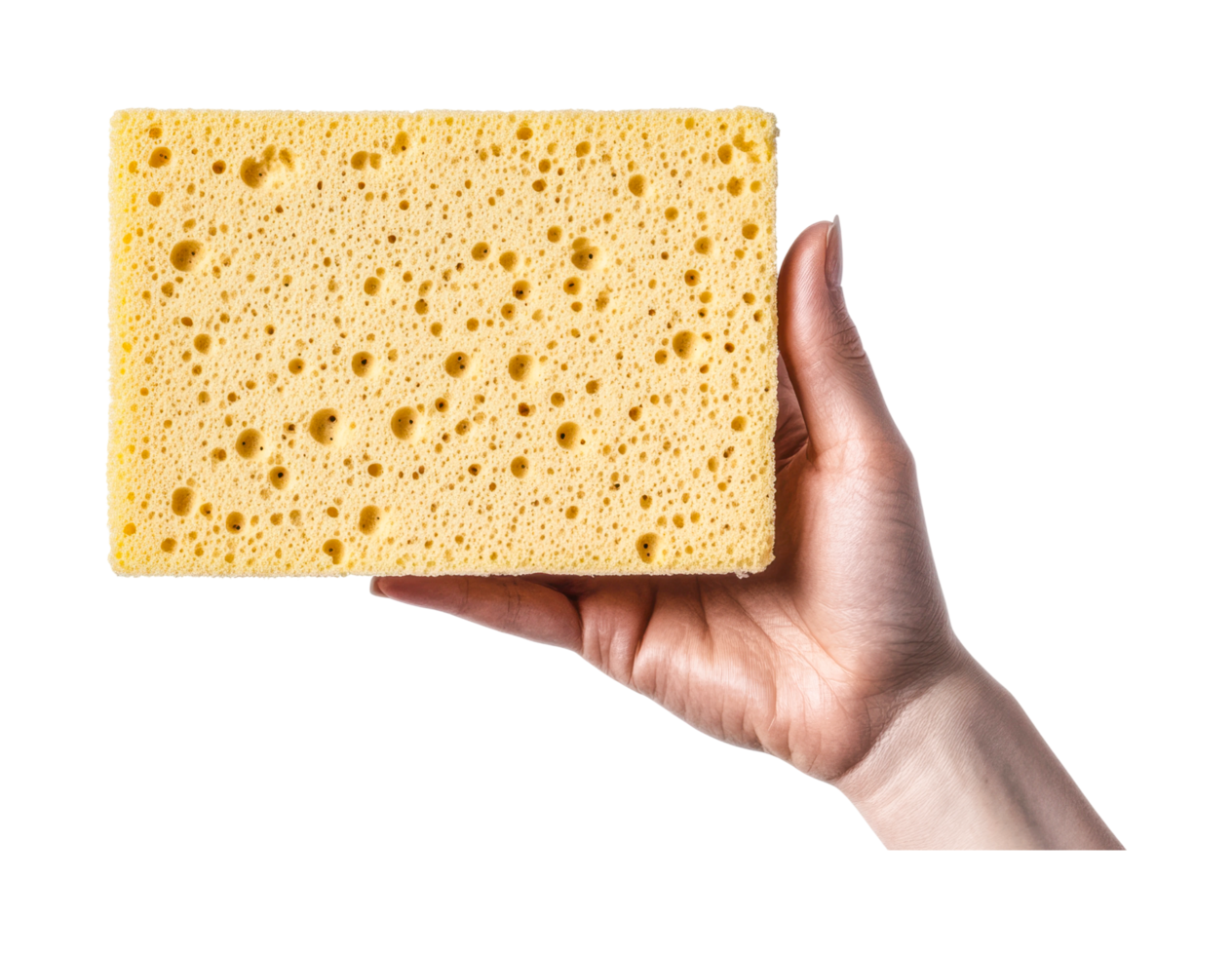 Hand holding yellow cleaning sponge png