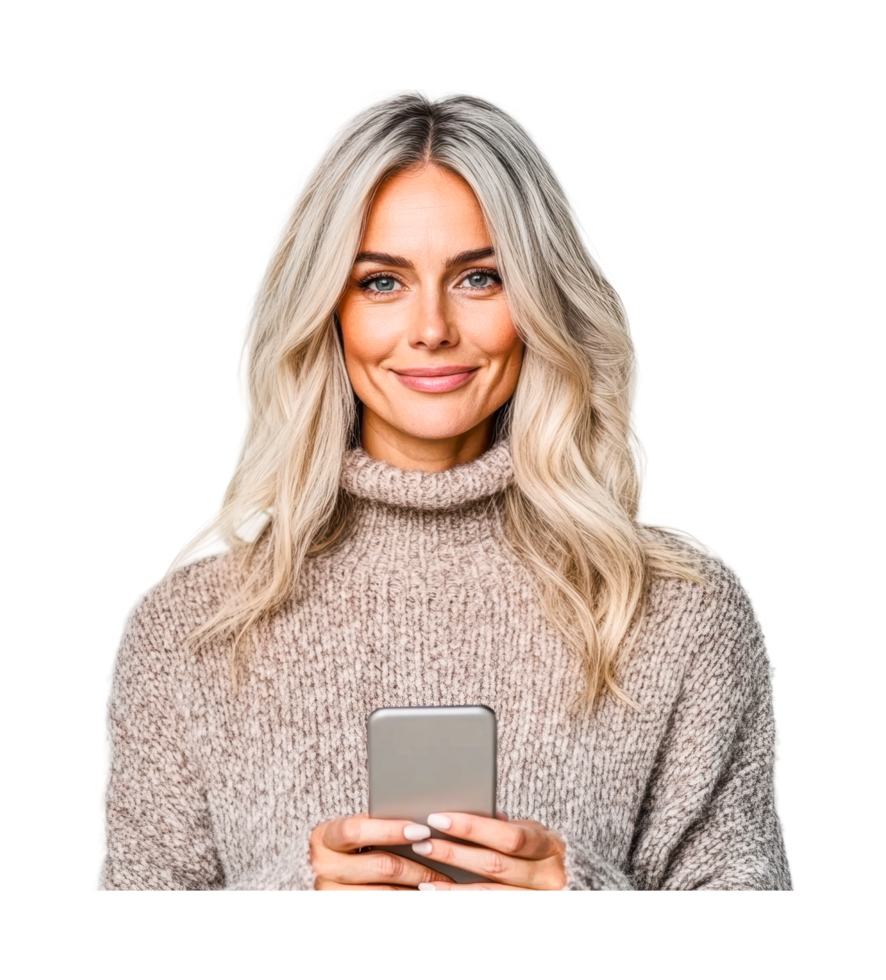 Caucasian female adult smiling holding smartphone in casual sweater png
