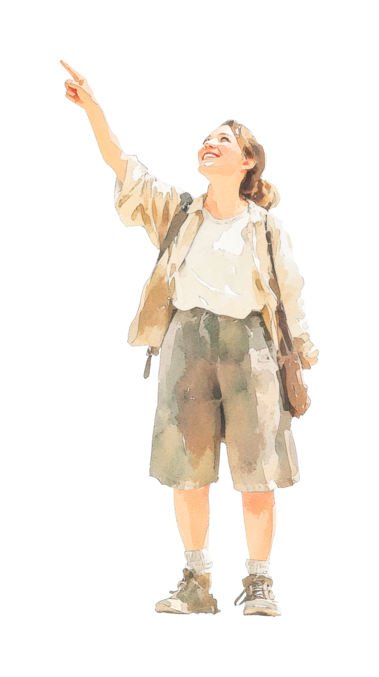 Young caucasian female pointing upward and smiling in casual attire png