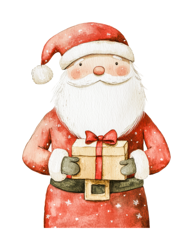Santa claus holding gift in festive attire with red hat png