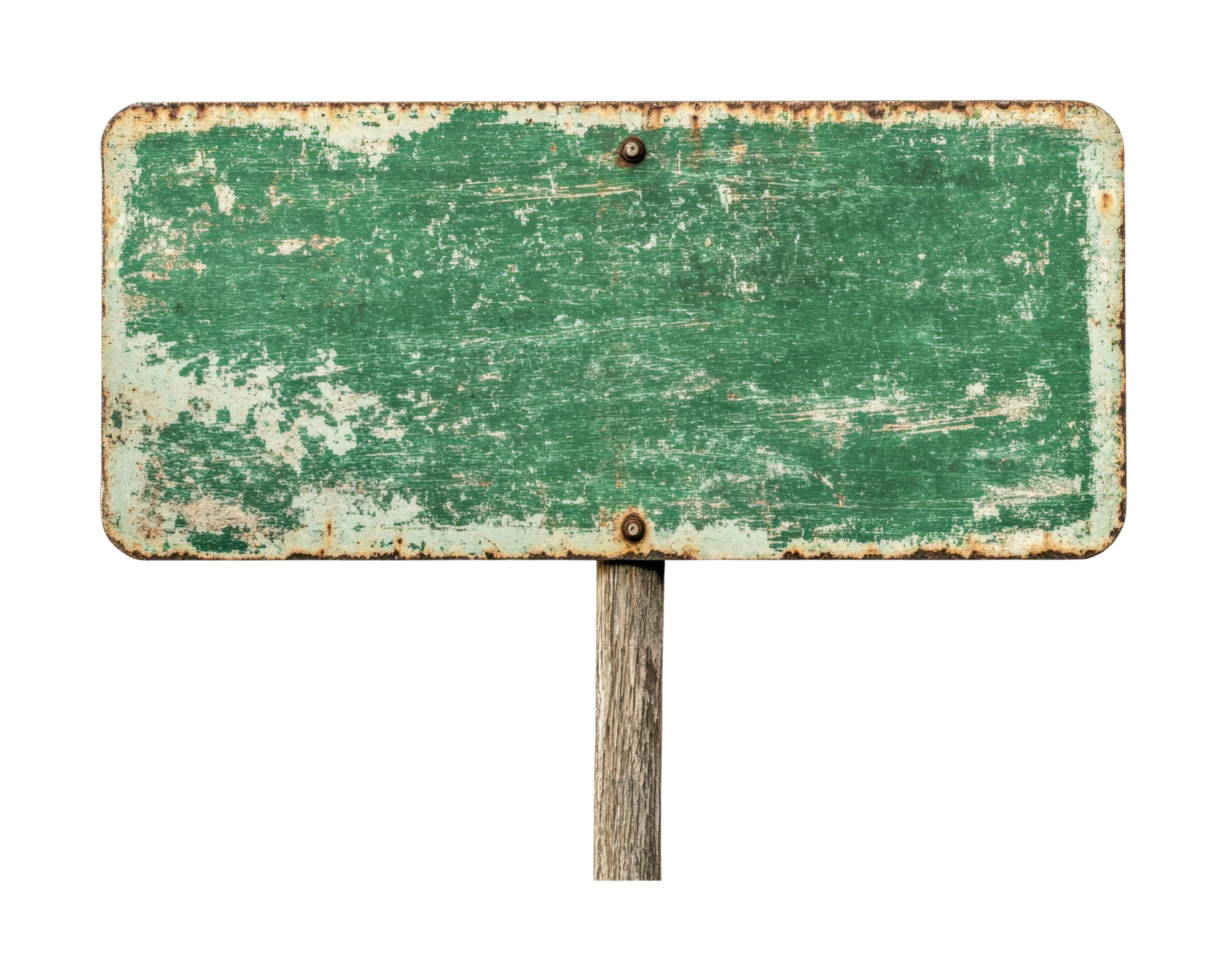 Rustic weathered blank green vintage metal sign on wooden post png