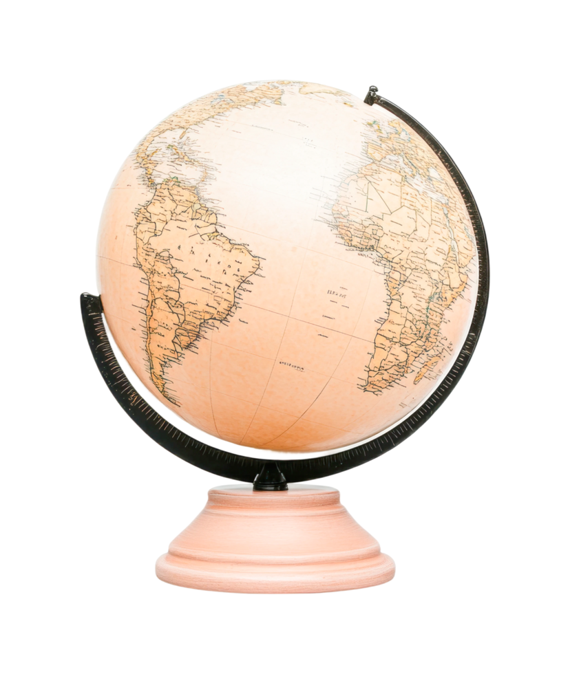 Vintage world globe with geographic map on stand png