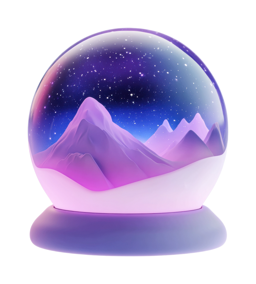Enchanting snow globe with starry mountain scene in purple hues png