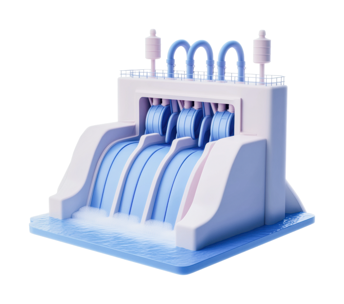 Hydroelectric power station model with blue turbines and water flow visualization png