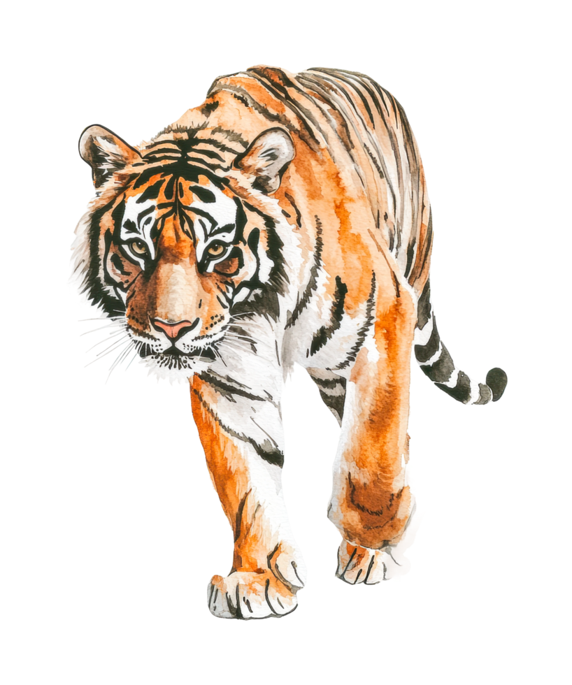 Illustrated tiger walking forward with intense gaze and detailed stripes png
