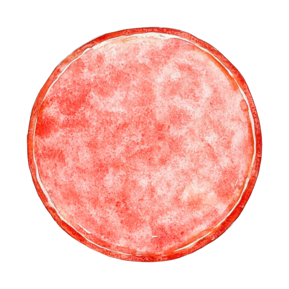 Watercolor pepperoni slice close-up with textured edges png