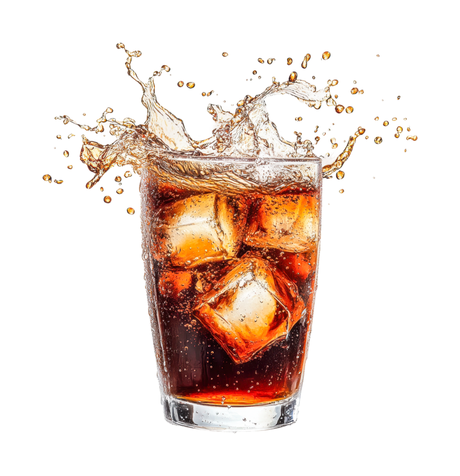 Splashing cola with ice cubes in a tall glass png