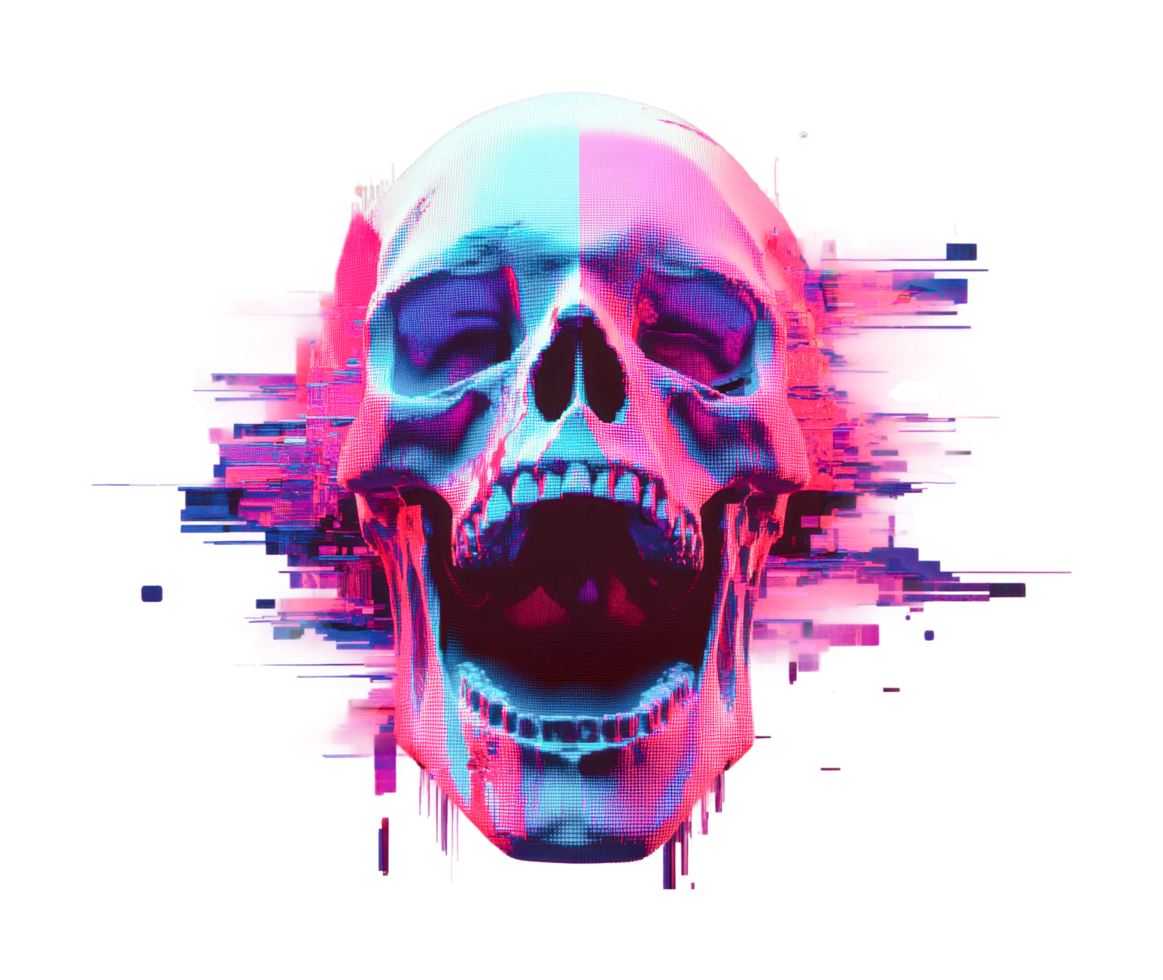 Futuristic digital art of a skull with neon glitch effect png