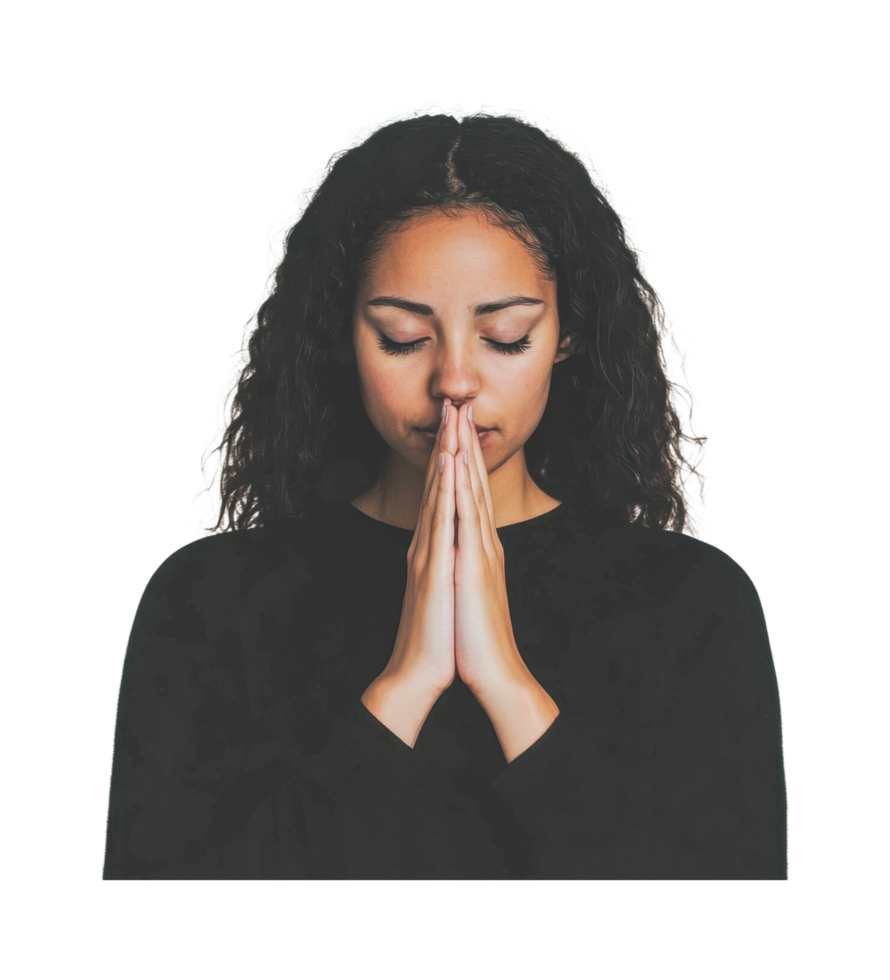 Hispanic female adult meditating with eyes closed and hands together png