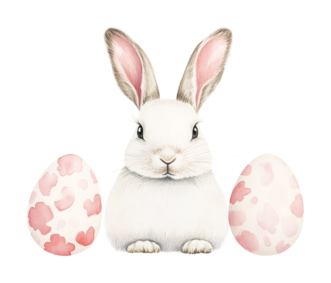 Charming bunny with decorative easter eggs in springtime setting png