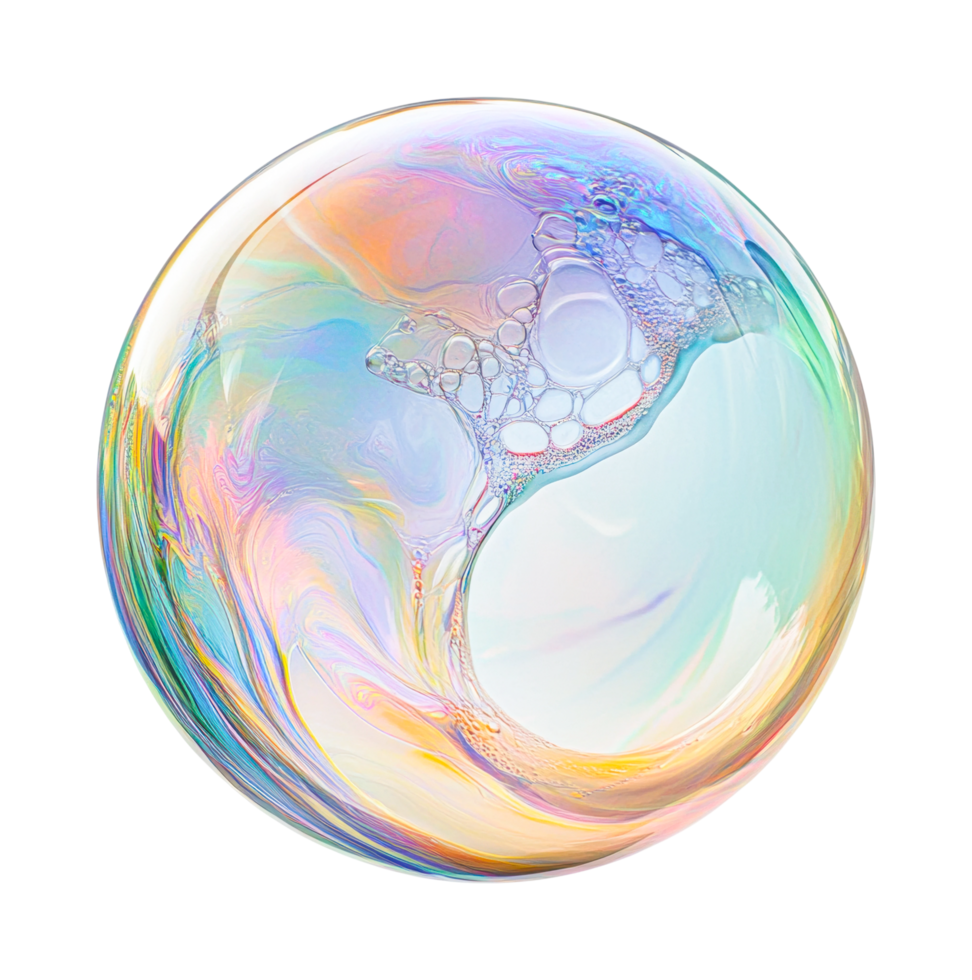 Iridescent bubble with swirling patterns and soap texture png