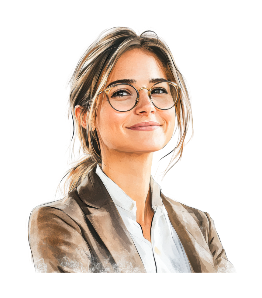 Smiling young caucasian female with glasses and ponytail in formal attire png