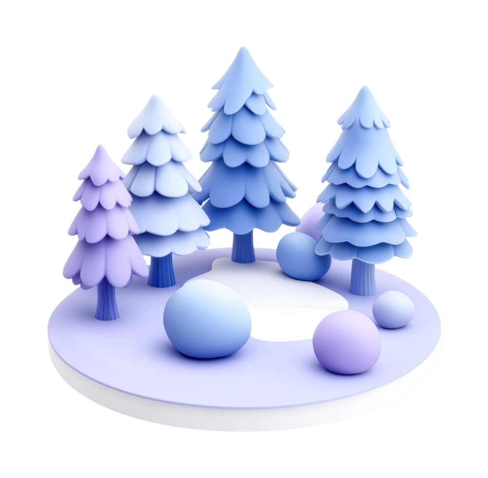Pastel winter wonderland with stylized pine trees and snowy ground png