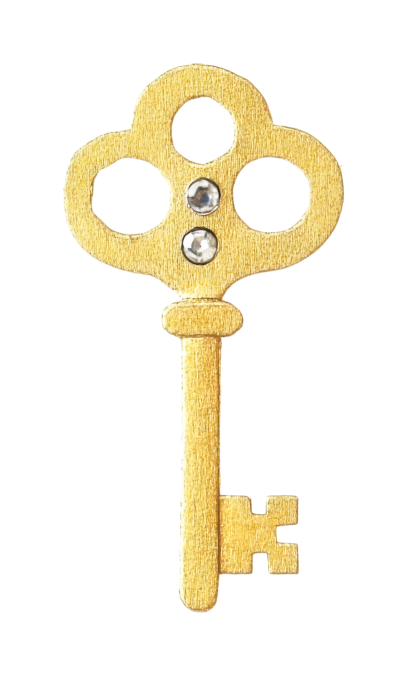 Antique brass skeleton key with ornamental design and gem accents png