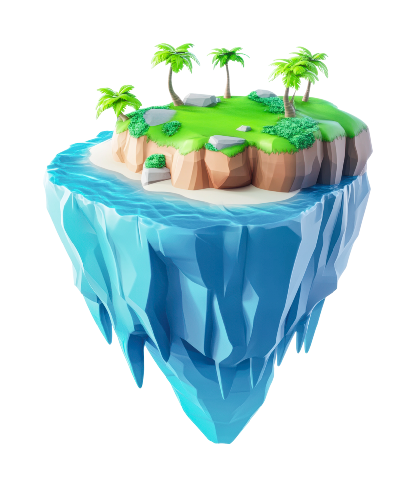 Floating tropical island with palm trees and waterfalls in low poly design png