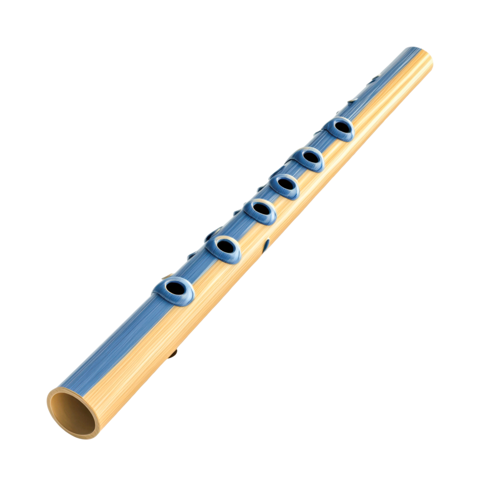Traditional wooden flute with blue accents and multiple finger holes png