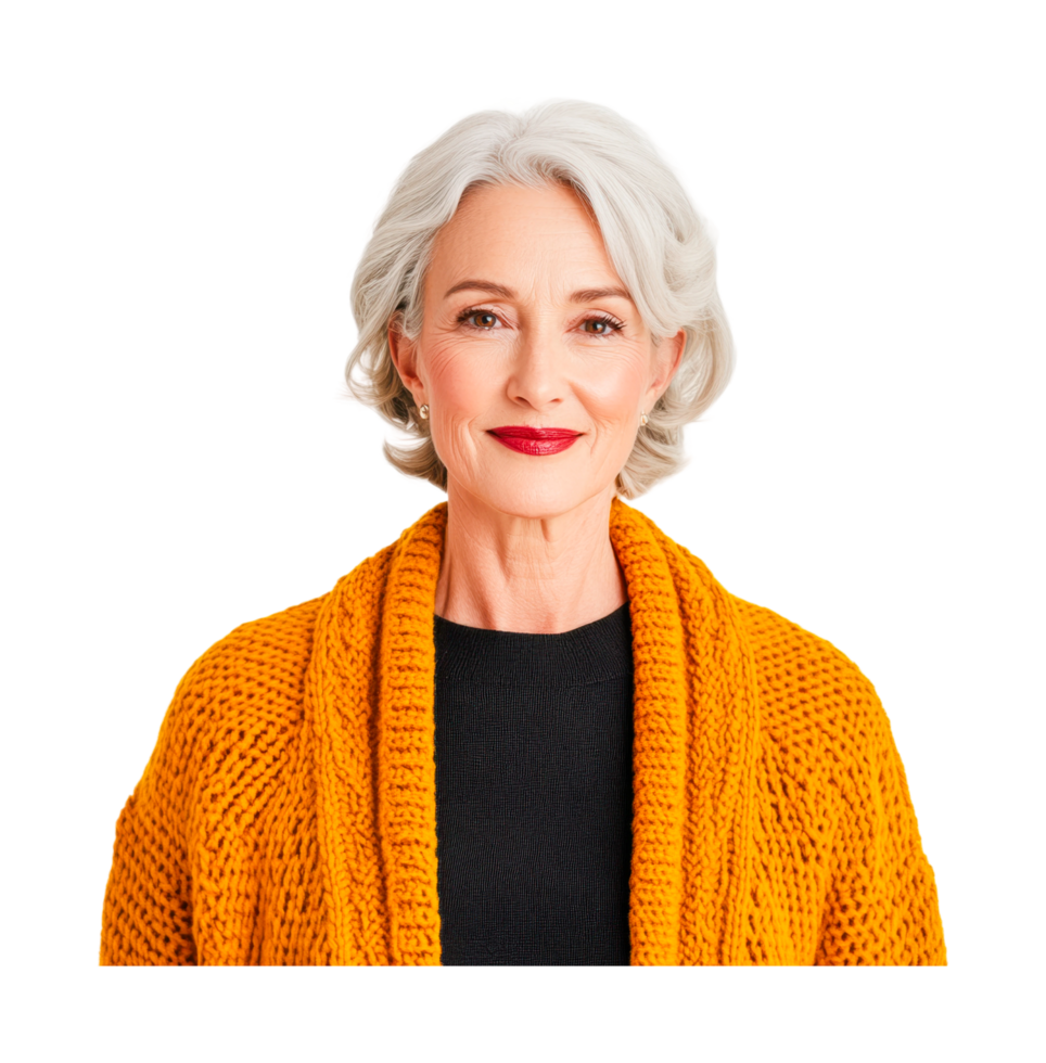 Elderly caucasian female with gray hair wearing a warm knit sweater and red lipstick png