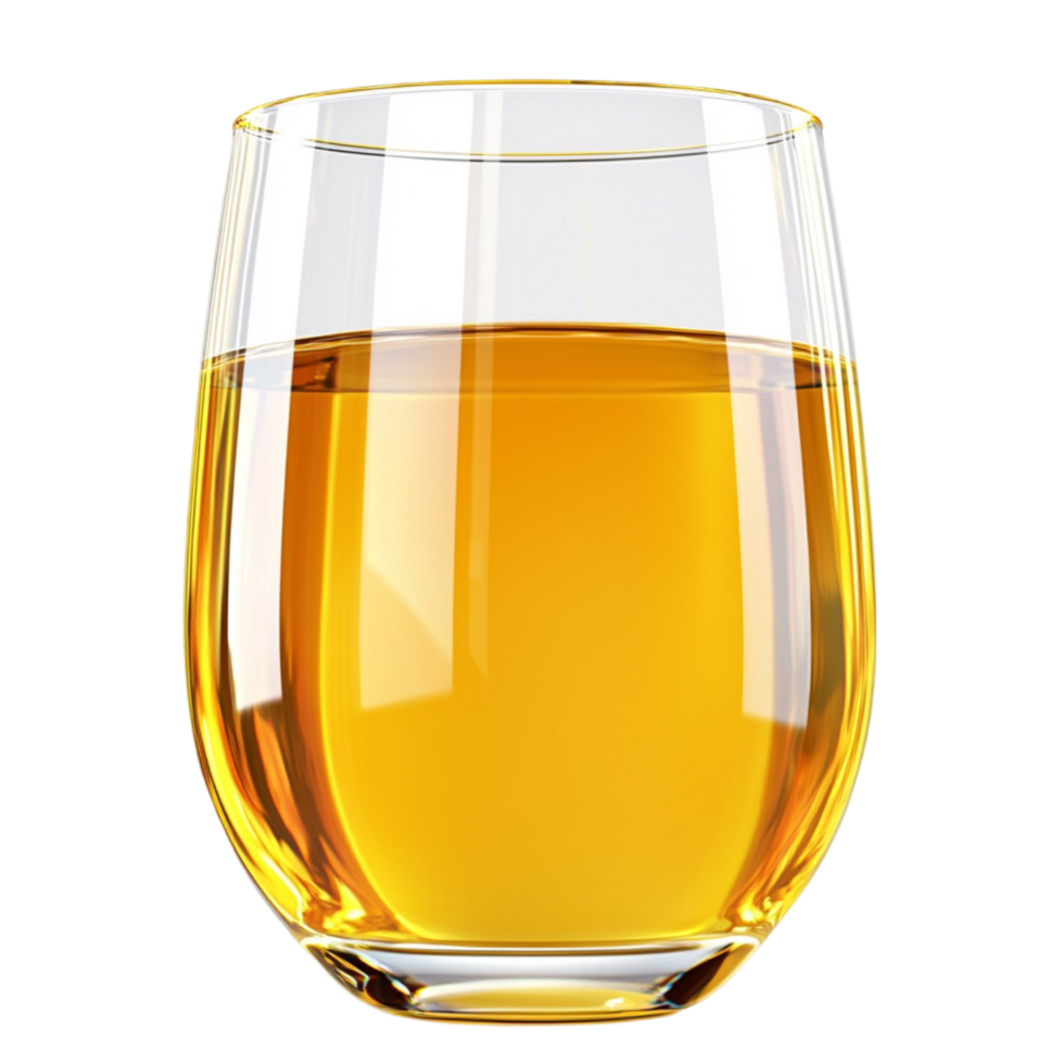 Glass of orange juice rich yellow hue, condensation forming on the surface, ready to be enjoyed as it rests on a wooden dining table. png