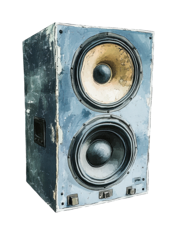 Vintage audio speaker with dual woofers and weathered look png