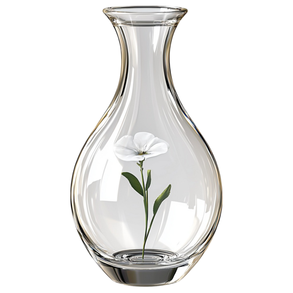 Tall glass vase holding a single white flower, gently swaying in a breeze, bringing elegance and simplicity to the space its clean and minimal design. png