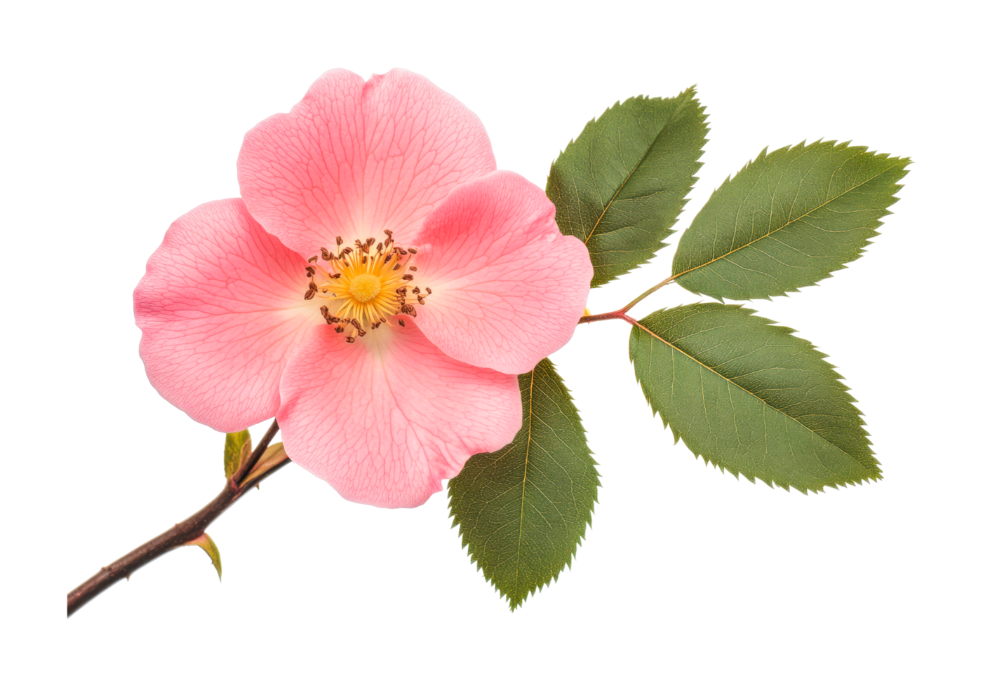 Single pink rose with green leaves in full bloom close-up png