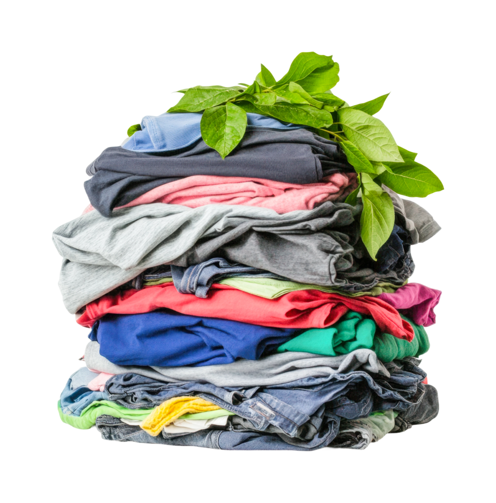 Stack of colorful clothes with fresh green leaves on top png