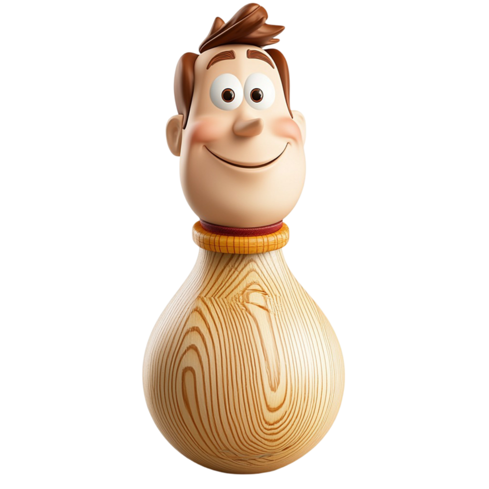 Wooden toy figure smiling face, wearing a small hat, handcrafted care to bring joy to childrens playtime png