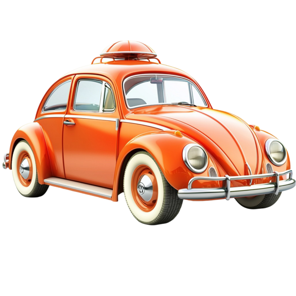 Orange vintage car rounded, classic design, blending retro charm enduring appeal, showcasing smooth curves and a nostalgic aesthetic from a bygone era. png