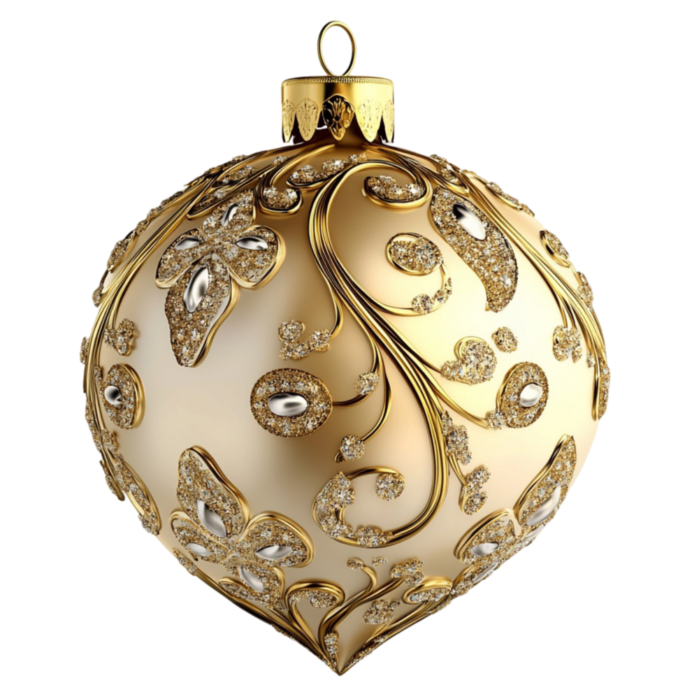 Golden Christmas ornament delicate patterns and shine, exquisite golden Christmas ornament adorned delicate patterns and a glistening shine, creating a festive and magical holiday atmosphere. png