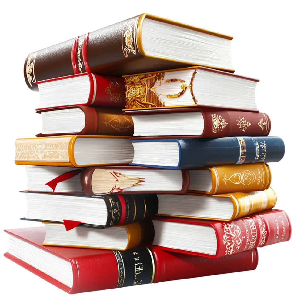 Books stacked in a colorful array, providing educational and informative reading material that enhances knowledge and understanding. png