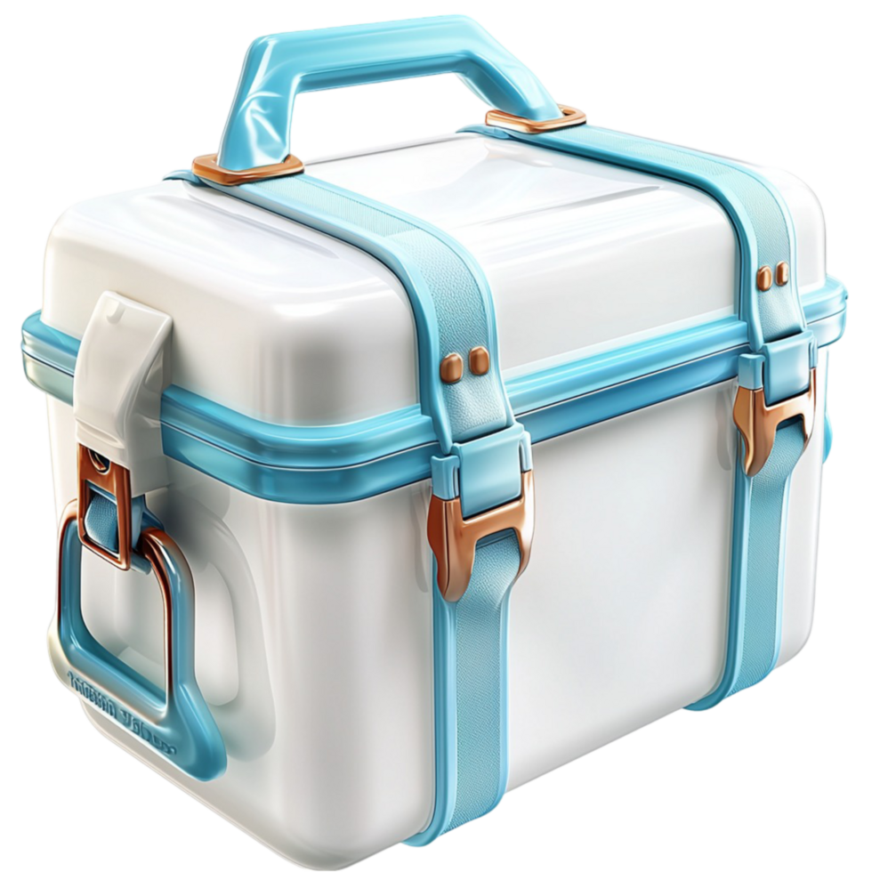 Suitcase in blue and white, designed for travel, providing ample storage space and making journeys more organized and convenient. png