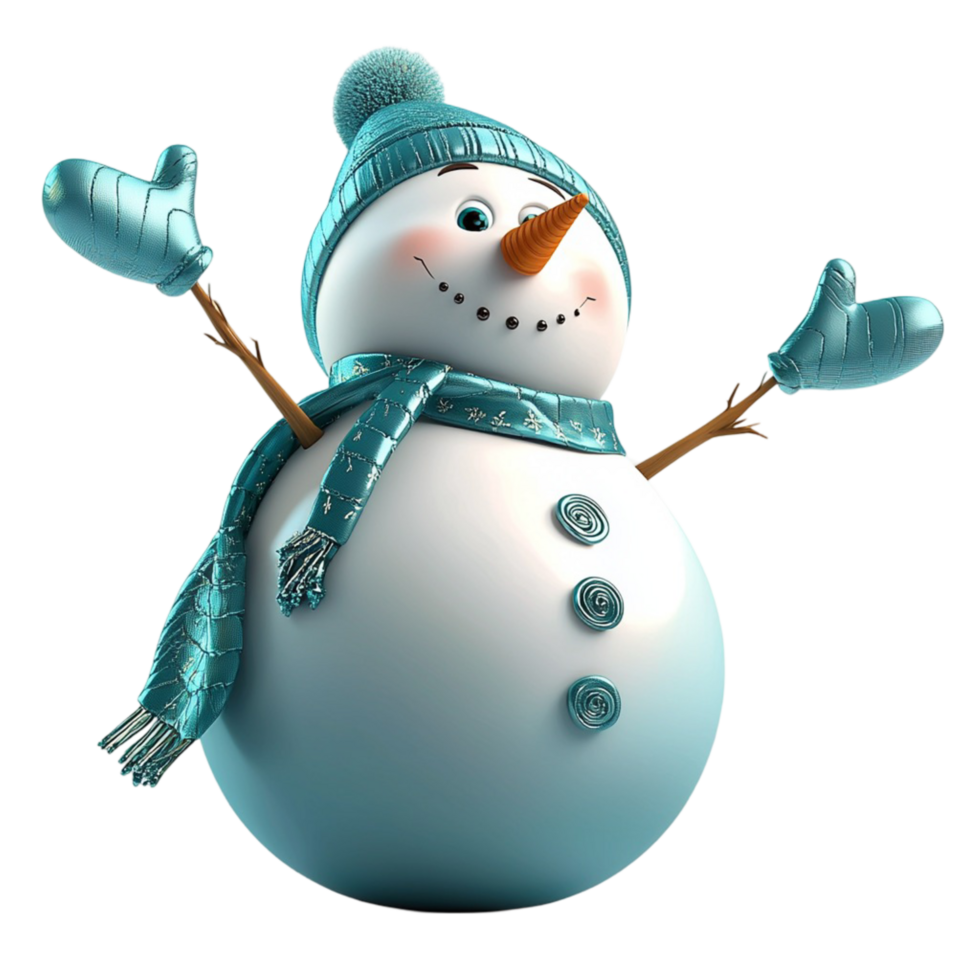 Snowman dressed in a cozy blue scarf, sporting a bright orange carrot nose and a cheerful smile during wintertime png