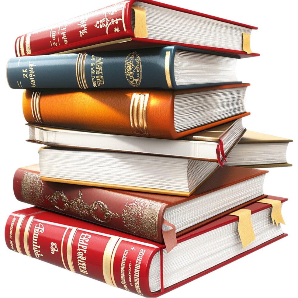 Stack of colorful books bright red cover standing neatly on a wooden shelf in perfect order, capturing vibrant hues of various authors and titles. png