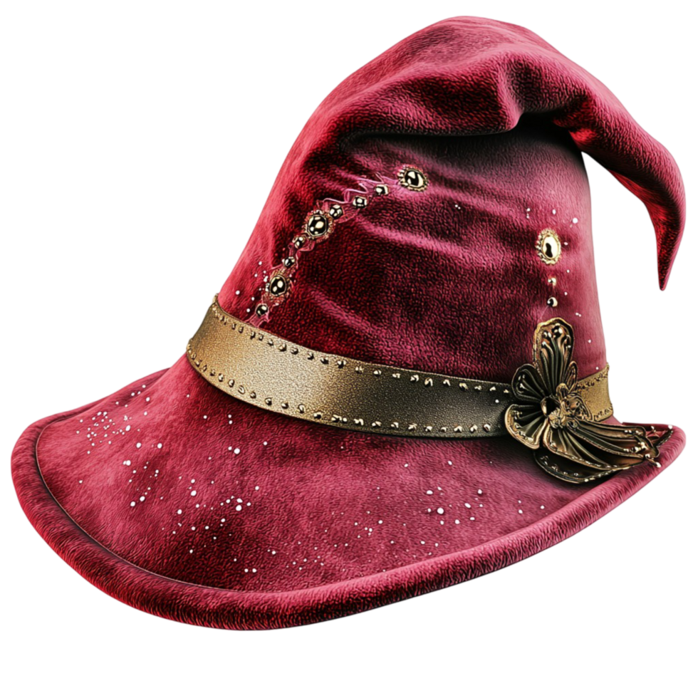 Red wizard hat wide brim, gold trim outlining its structure, a magical accessory fit for an enchanting costume png