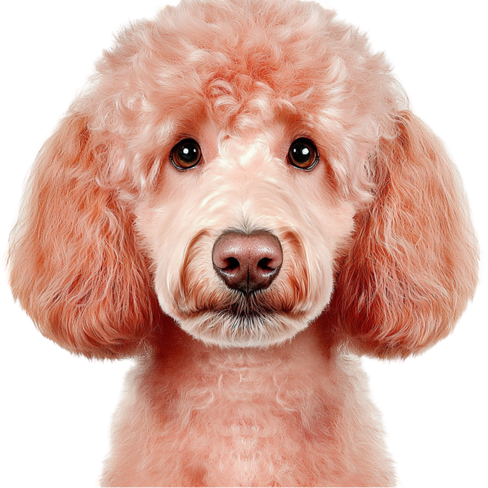 Pink poodle curly fur, cute perky ears, and a happy expression on its face, looking excited to play outside png