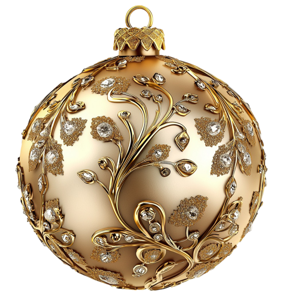 Golden Christmas ornament featuring intricate patterns, a loop on top for hanging, and an elegant shiny finish for decoration. png