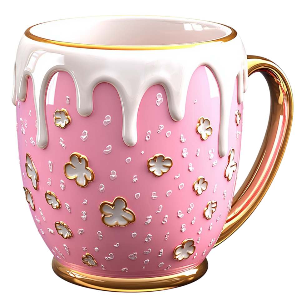 Pink teacup white icing drips and sprinkles adorning the edge, a sweet treat in a delicate porcelain cup, inviting you to enjoy a delightful tea time. png