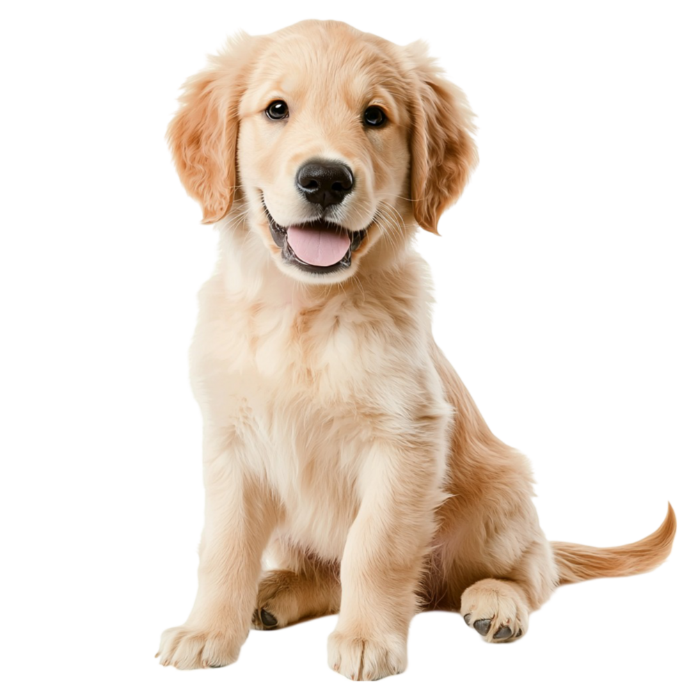 Golden retriever puppy happy expression, sitting playfully, showcasing its friendly and energetic nature, bringing joy, warmth, and companionship into any household its adorable antics. png