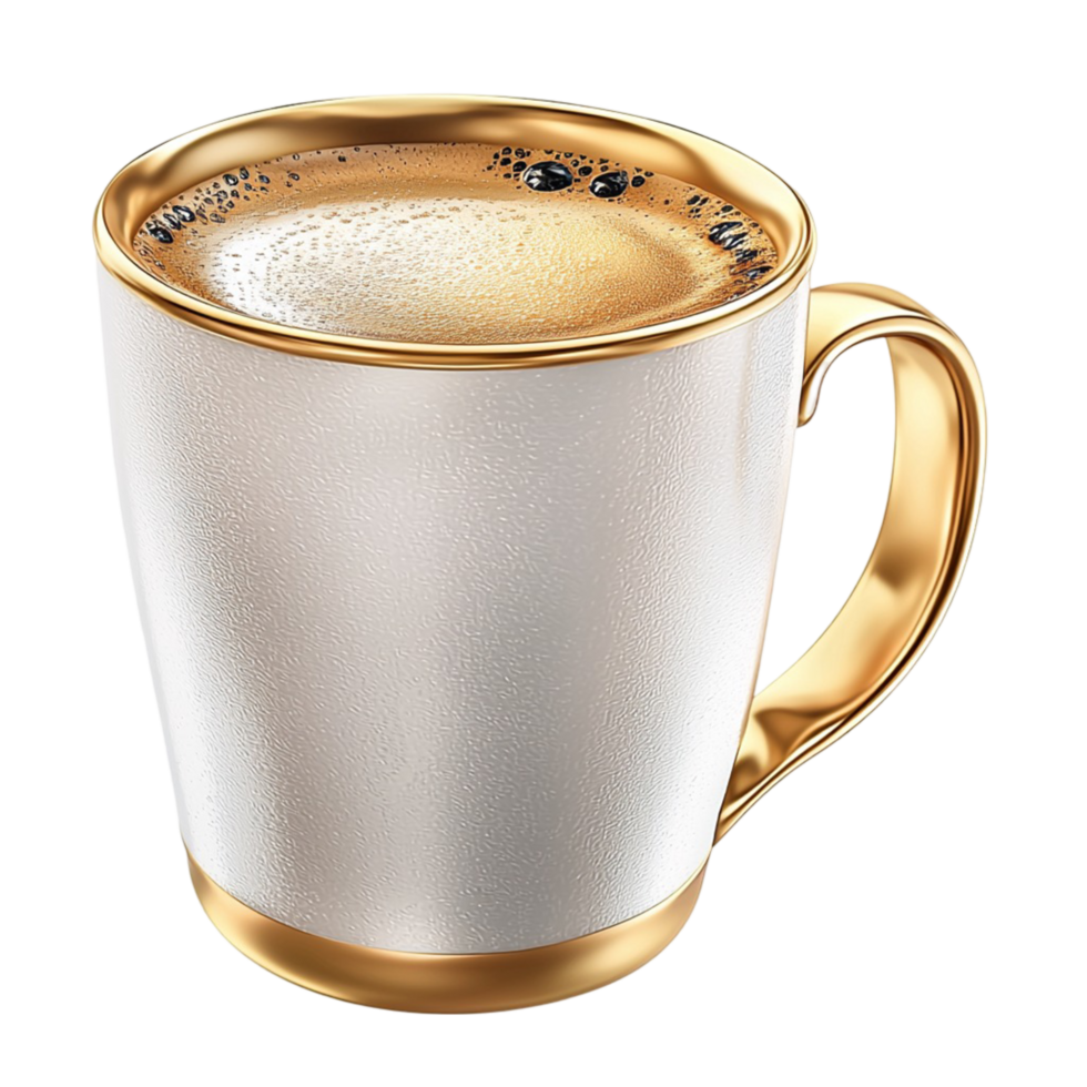 White teacup gold rim, filled warm coffee, steam rising gently, presenting a classic and refined setting, bringing elegance and comfort to your tea or coffee time. png