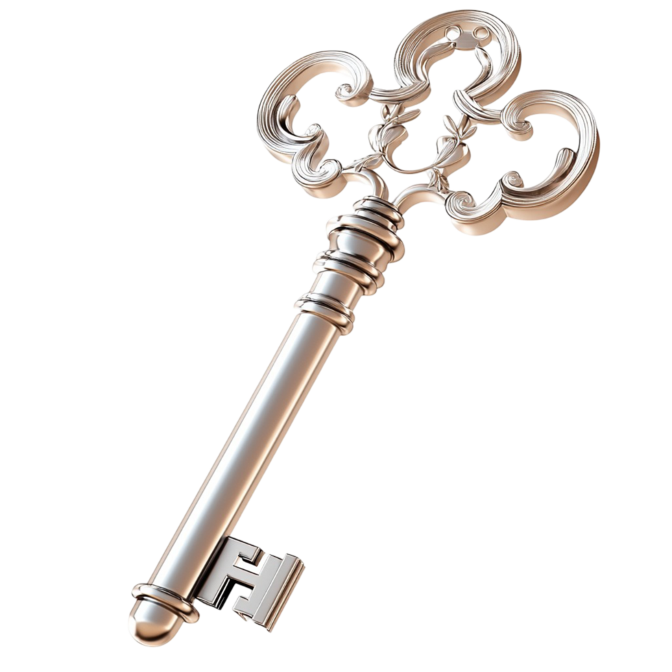 Silver Key Ornate Design and Elegant Style, A Romantic Symbol Representing Unlocking Love, Perfect as a Keepsake Gift Accessory for Special Moments, Anniversaries, or Celebrations, png