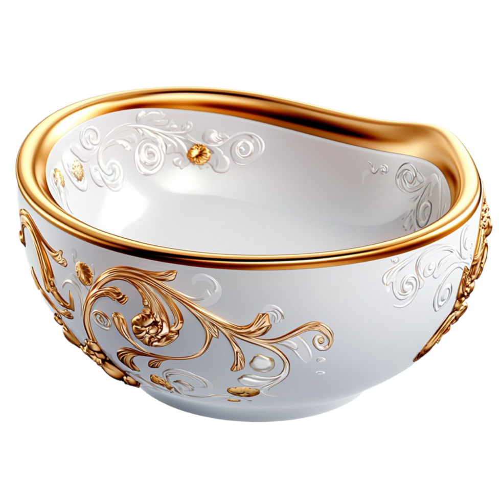 White Bowl Gold Rim and Floral Pattern, Featuring Elegant Design and Romantic Aesthetic, A Beautiful Decorative Piece Ideal for Serving or Displaying in Any Home Timeless Appeal, png